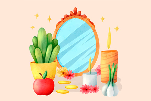 وکتور رایگان EPS و Ai لایه باز آبرنگی سفره هفت سین شامل سبزه و تخم مرغ رنگی و شمع و سکه و سیب و سیر ویژه عید نوروز 